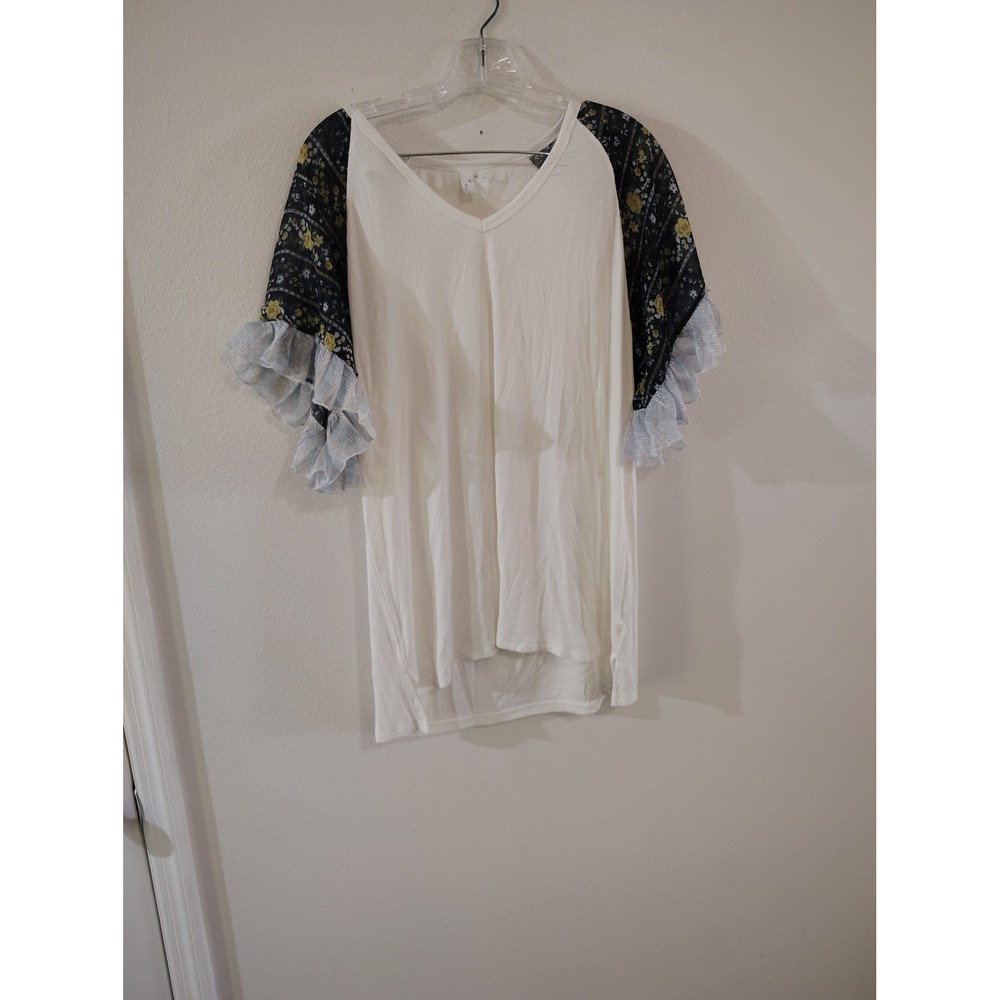 L Love Womens Ivory Ribbed V-Neck Top Mixed Floral Gingham Ruffle Sleeve Large